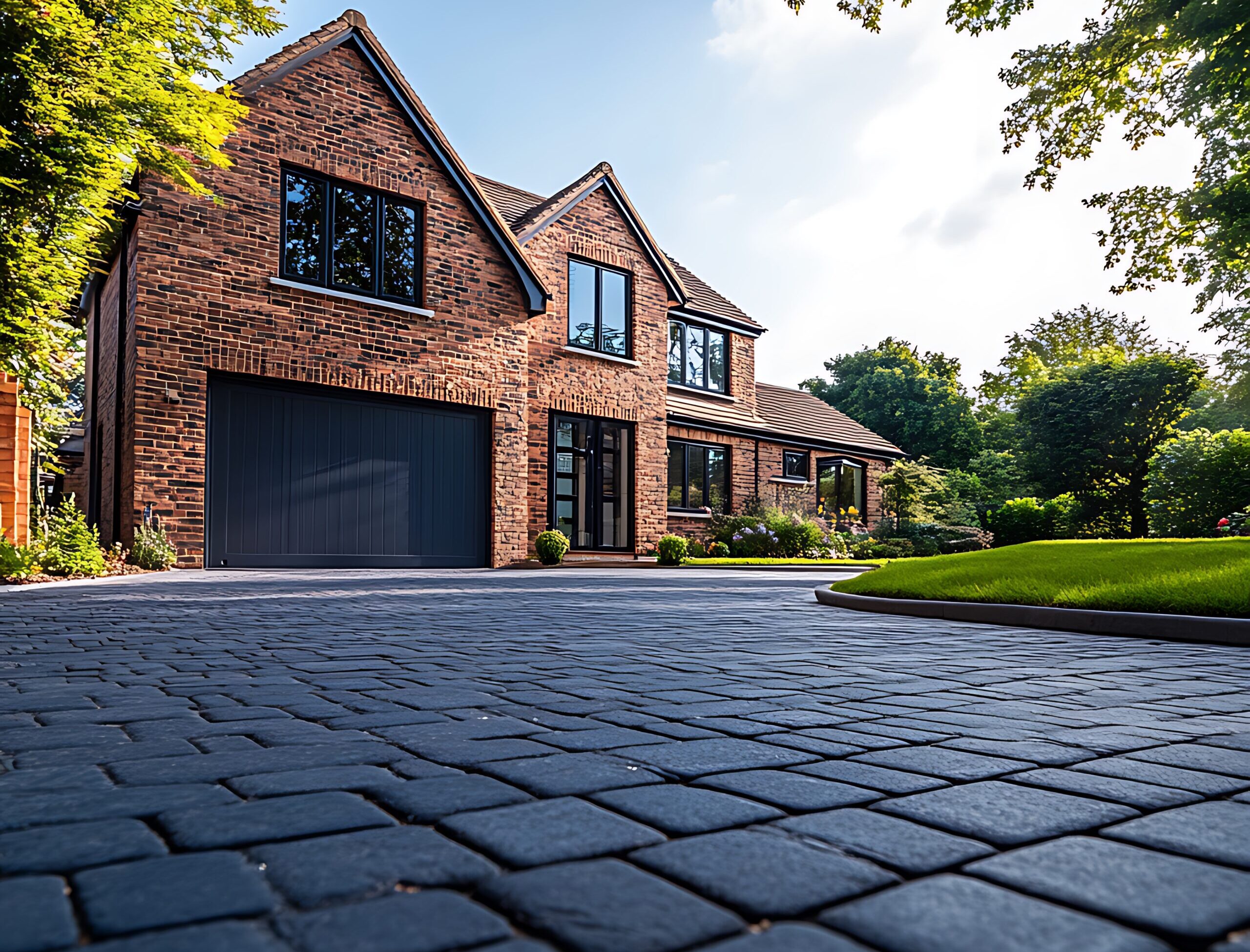 arafed brick driveway with a garage and a driveway block Hainault Ilford IG6